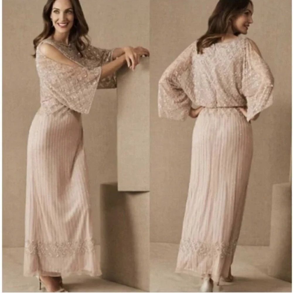 BHLDN Bathilda Anthropologie Beaded Gown nude neutral wedding guest party Sz 4